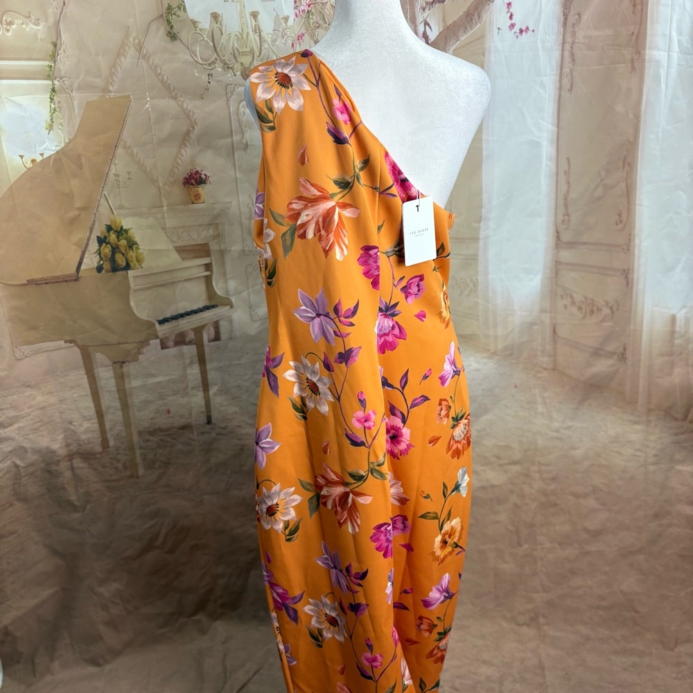 SOLD NEW Ted Baker Lacieyy Orange Floral One-Shoulder Dress - Picture 8 of 12